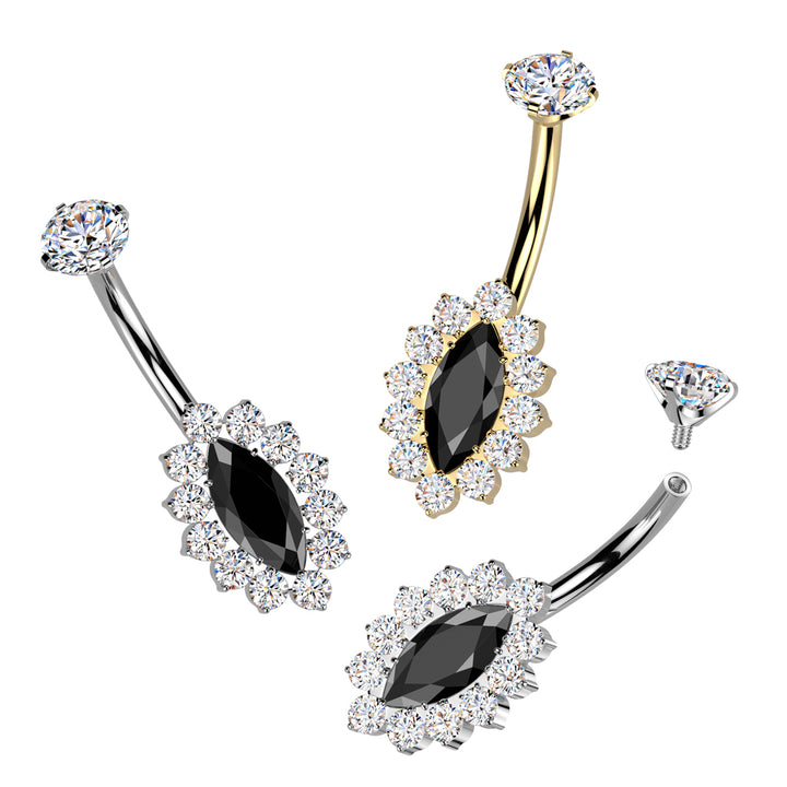 Implant Grade Titanium Gold PVD White & Black CZ Internally Threaded Marquise Non Dangle Belly Ring - Pierced Universe