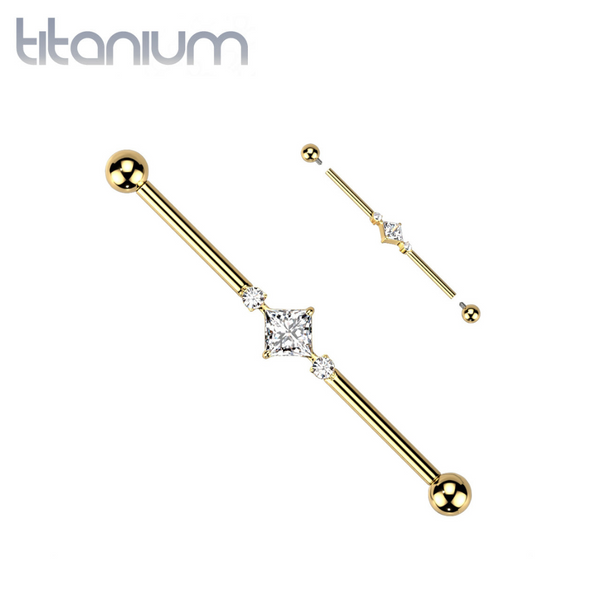 Implant Grade Titanium Gold PVD White CZ Square & Circle Gem Cluster Industrial Straight Barbell - Pierced Universe