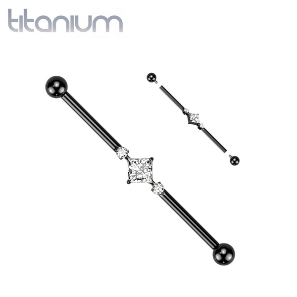 Implant Grade Titanium Black PVD White CZ Square & Circle Gem Cluster Industrial Straight Barbell