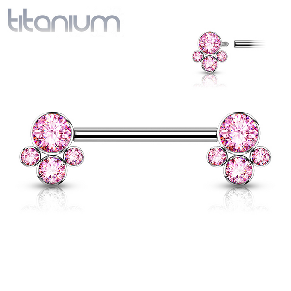 Implant Grade Titanium Internally Threaded Pink CZ Cluster Nipple Ring Straight Barbell