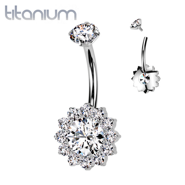 Implant Grade Titanium White CZ Large Flower Internally Threaded Belly Ring - Pierced Universe