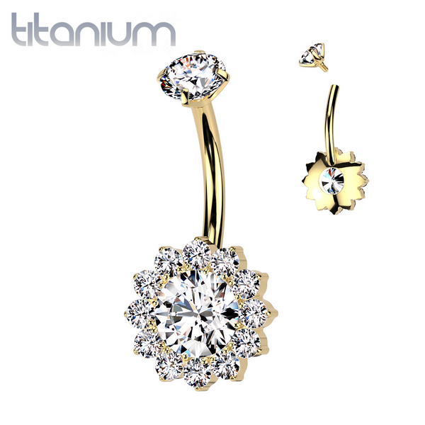 Implant Grade Titanium Gold PVD White CZ Large Flower Internally Threaded Belly Ring - Pierced Universe