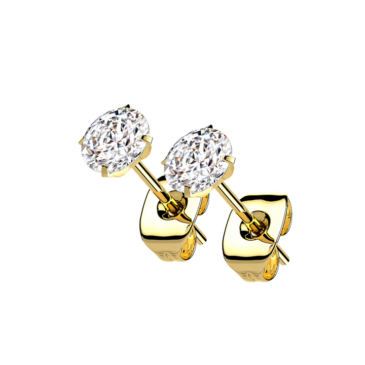 Pair of 316L Surgical Steel Gold PVD Flat White CZ Prong Stud Earrings - Pierced Universe