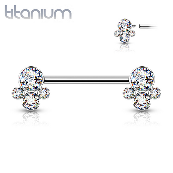 Implant Grade Titanium Internally Threaded White CZ Cluster Nipple Ring Straight Barbell