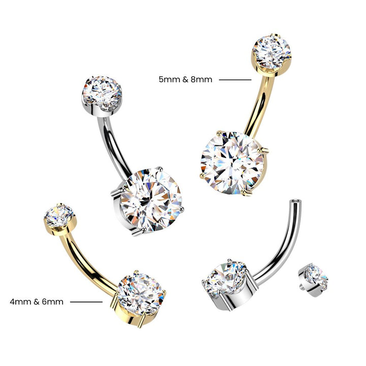Implant Grade Titanium Gold PVD White Moissanite Internally Threaded Round Belly Ring - Pierced Universe