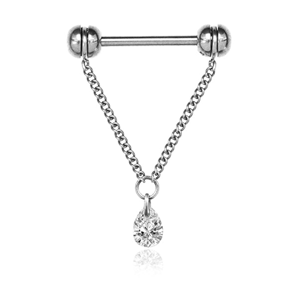 316L Surgical Steel Chain With White CZ Teardrop Dangle Straight Barbell Nipple Ring - Pierced Universe