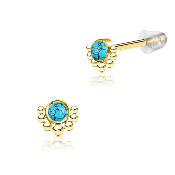 Pair of 316L Surgical Steel Gold PVD Beaded Boho Turquoise Stud Earrings