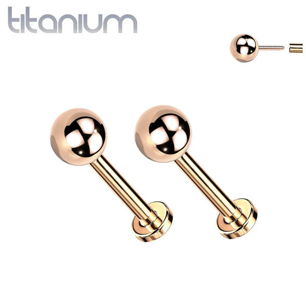 Pair of Implant Grade Titanium Rose Gold PVD Ball Top Threadless Push In Earrings With Flat Back - Pierced Universe