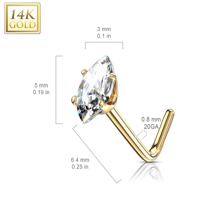 14KT Solid Gold L Shape Pink Marquise CZ Nose Ring Stud - Pierced Universe