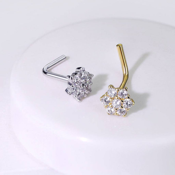 14KT Solid White Gold L Shape Flower White CZ Nose Ring Stud - Pierced Universe