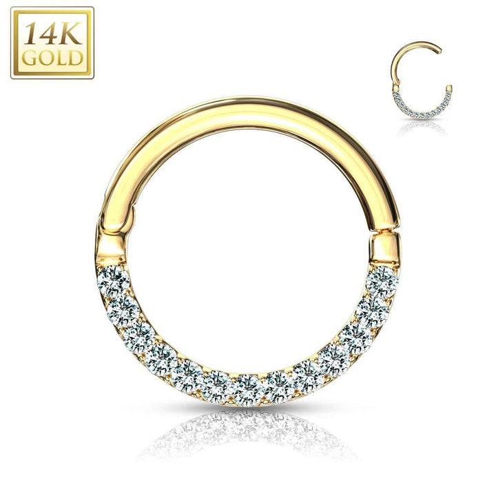 14KT Solid Yellow Gold Paved CZ Hinged Septum Ring - Pierced Universe