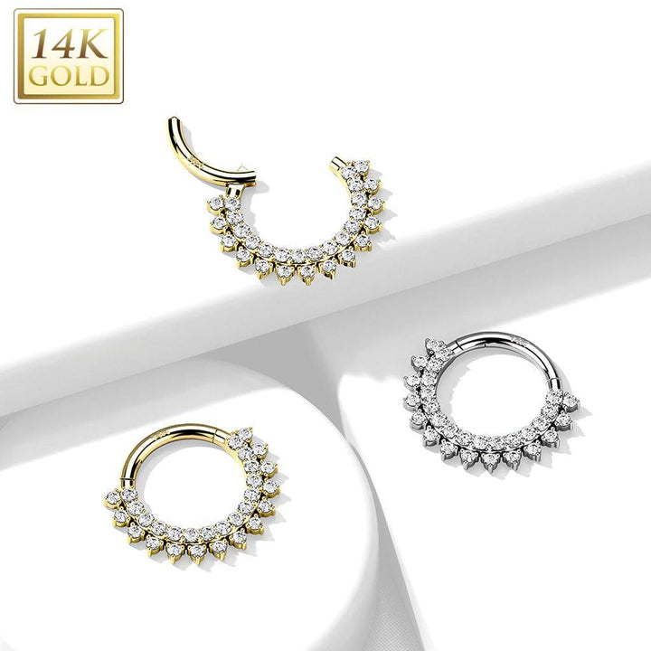 14KT White Gold Double Layer Pave White CZ Hinged Septum Clicker Hoop - Pierced Universe