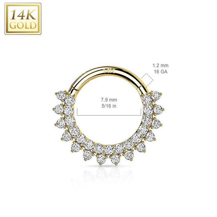 14KT Yellow Gold Double Layer Pave White CZ Hinged Septum Clicker Hoop - Pierced Universe