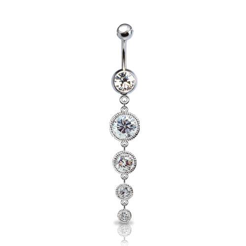 316L Surgical Steel 4 Gem Rimmed Dangle Belly Ring - Pierced Universe