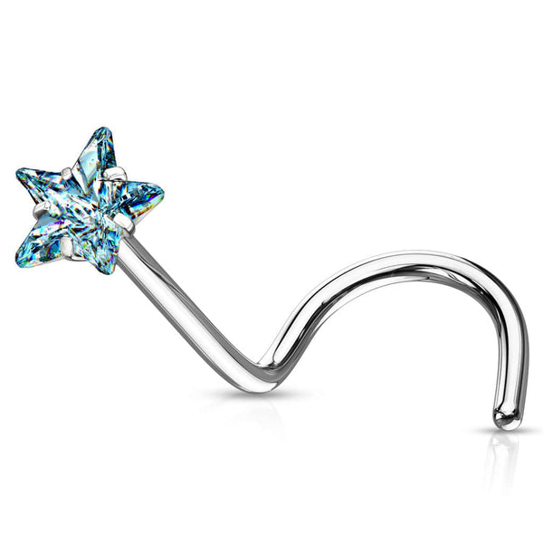 316L Surgical Steel Aqua CZ Star Corkscrew Nose Ring Stud - Pierced Universe