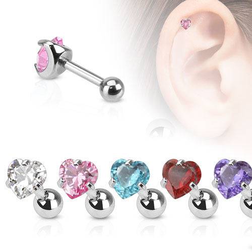 316L Surgical Steel Ball Back CZ Prong Gem Heart Cartilage Ring - Pierced Universe