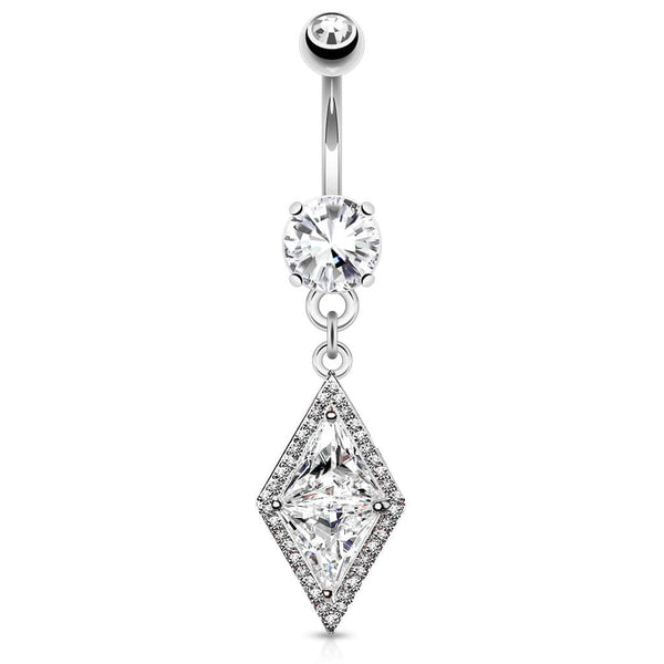 316L Surgical Steel Belly Ring with Large Paved CZ Center Dangle - Pierced Universe