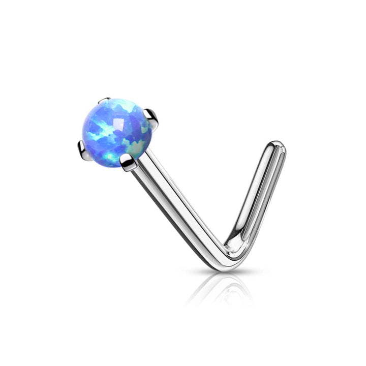 316L Surgical Steel Bent L Shape Nose Ring Stud with Blue Opal Gem - Pierced Universe