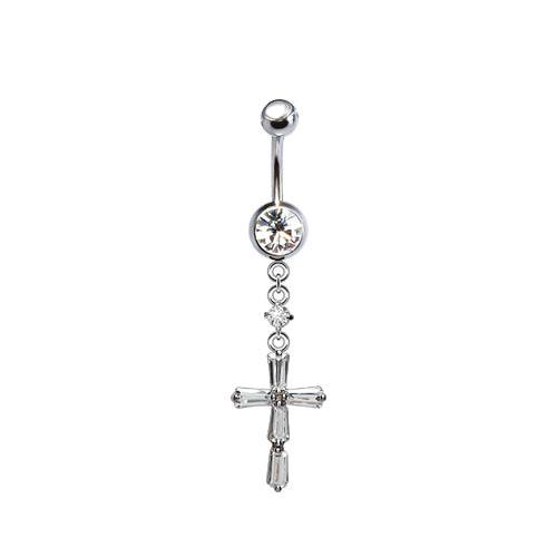 316L Surgical Steel Dainty Thin Baguette Cross Dangle Belly Ring - Pierced Universe