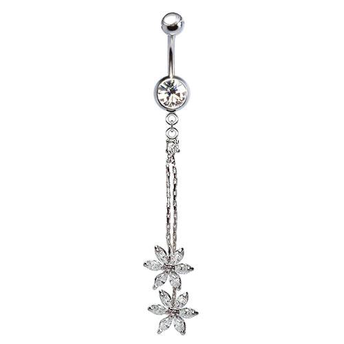 316L Surgical Steel Double Flower Tassel Dangle Belly Ring - Pierced Universe