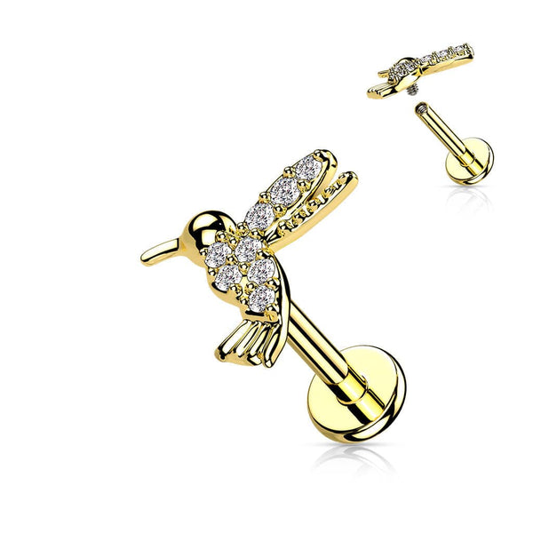 316L Surgical Steel Gold PVD Internally Threaded Dainty White CZ Hummingbird Labret Stud - Pierced Universe