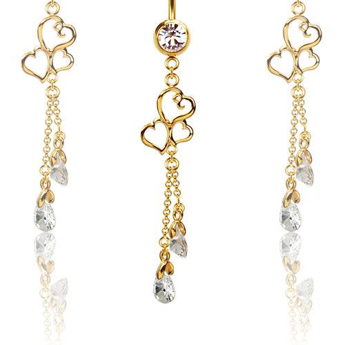 316L Surgical Steel Gold PVD Triple Heart Diamond CZ Dangle Belly Ring - Pierced Universe