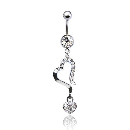 316L Surgical Steel Half Diamond CZ Heart Dangle Belly Ring - Pierced Universe