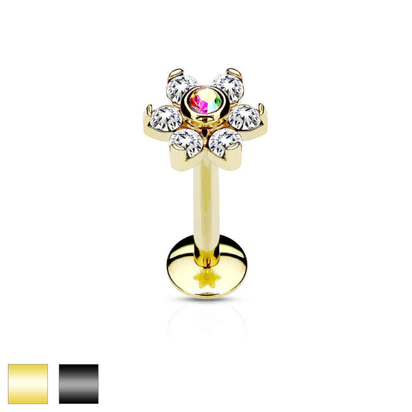 316L Surgical Steel Internally Threaded 6 Gem Flat Back CZ Flower Labret - Pierced Universe