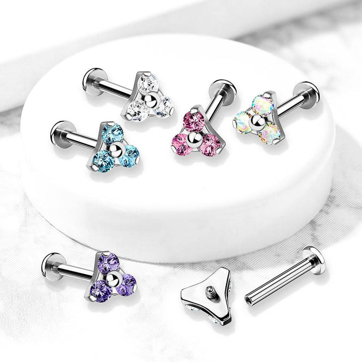 316L Surgical Steel Internally Threaded Purple Triangle CZ Labret - Pierced Universe