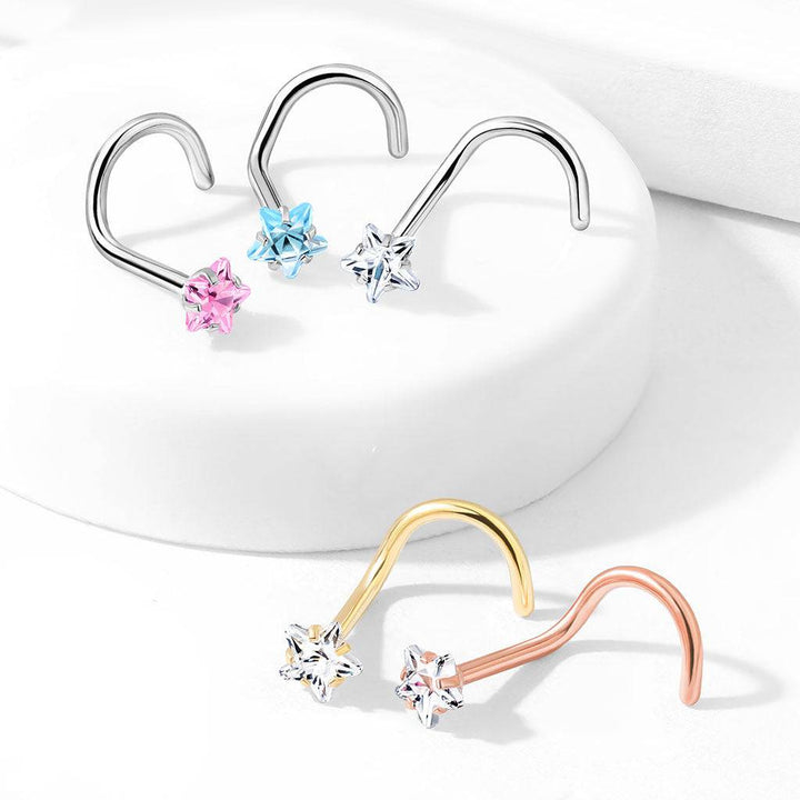 316L Surgical Steel Pink CZ Star Corkscrew Nose Ring Stud - Pierced Universe