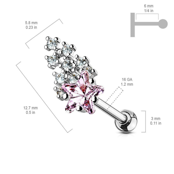 316L Surgical Steel Pink & White Shooting Star Ball Back Cartilage Ring - Pierced Universe