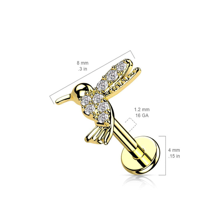 316L Surgical Steel Rose Gold PVD Internally Threaded Dainty White CZ Hummingbird Labret Stud - Pierced Universe
