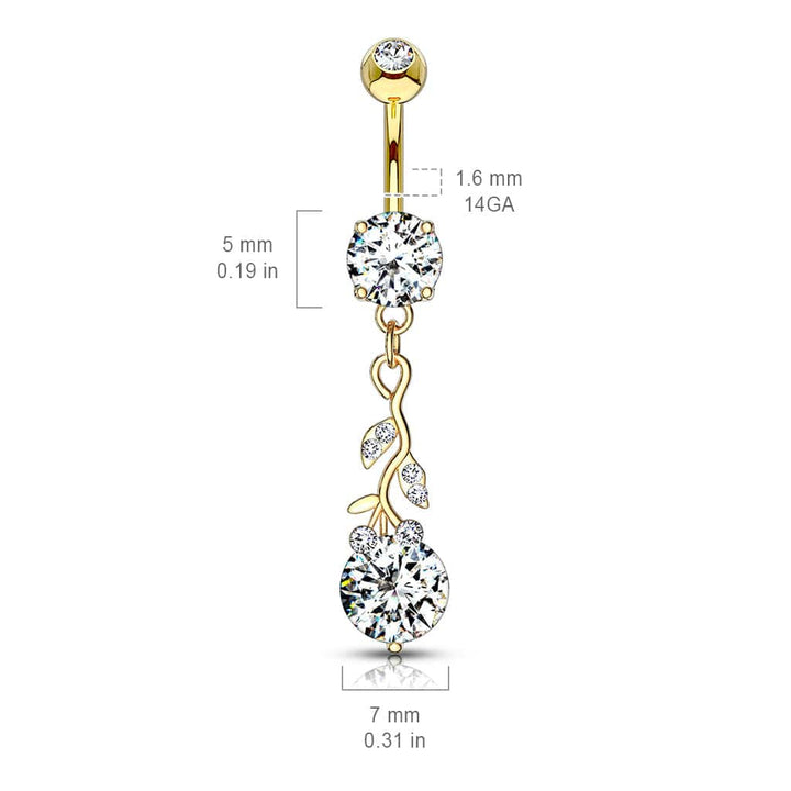 316L Surgical Steel Rose Gold PVD White CZ Vine Dangle Belly Ring - Pierced Universe