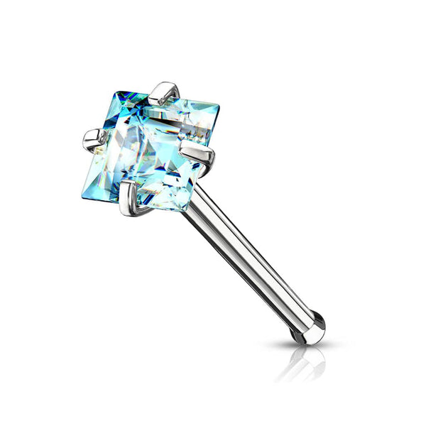 316L Surgical Steel Square Aqua CZ Ball End Nose Pin - Pierced Universe