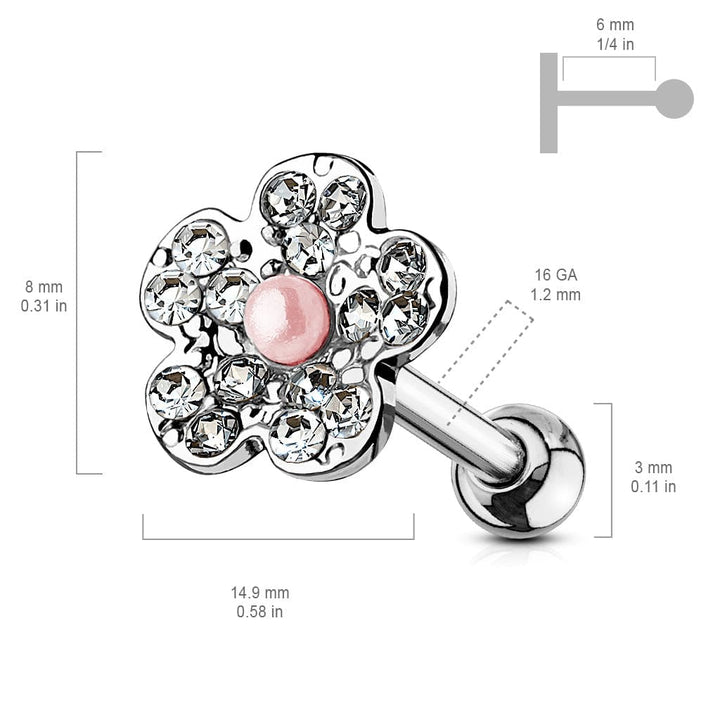 316L Surgical Steel White Pearl AB CZ Flower Cartilage Stud - Pierced Universe