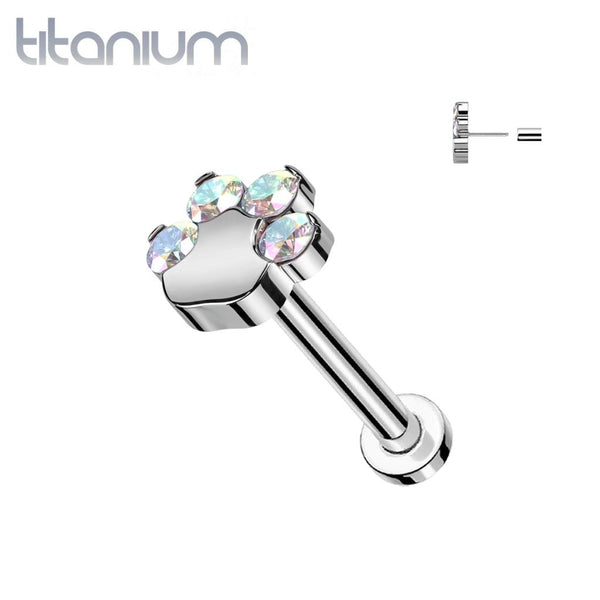 Implant Grade Titanium Paw Print Aurora Borealis CZ Threadless Push In Labret - Pierced Universe