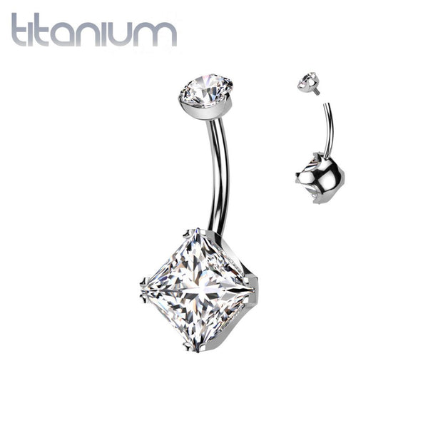 Implant Grade Titanium White CZ Simple Square Gem Belly Ring - Pierced Universe