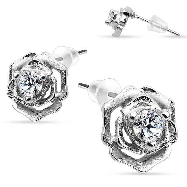 925 Sterling Silver Ultra Clear CZ Gem Flower Rose Tulip Stud Earrings - Pierced Universe