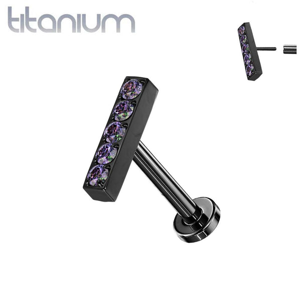 Titanium Black PVD Threadless Push In Labret Vitrail Medium Studded CZ Rectangle Bar - Pierced Universe