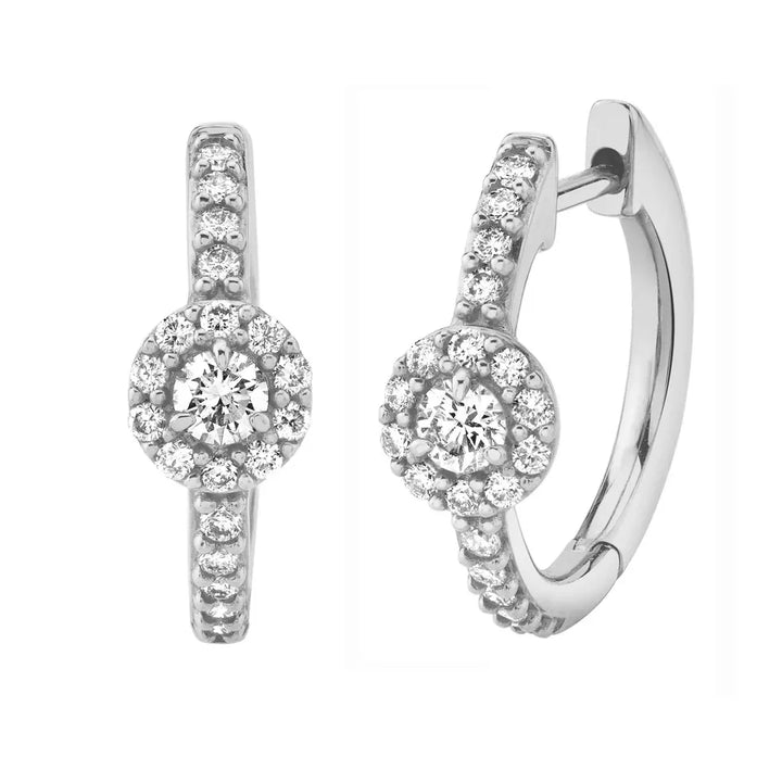 Pair of 925 Sterling Silver White CZ Studded Hoops Circle Gem Center Minimal Hoop Earrings - Pierced Universe