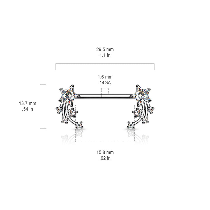 316L Surgical Steel White CZ Shooting Star Nipple Ring Straight Barbell - Pierced Universe