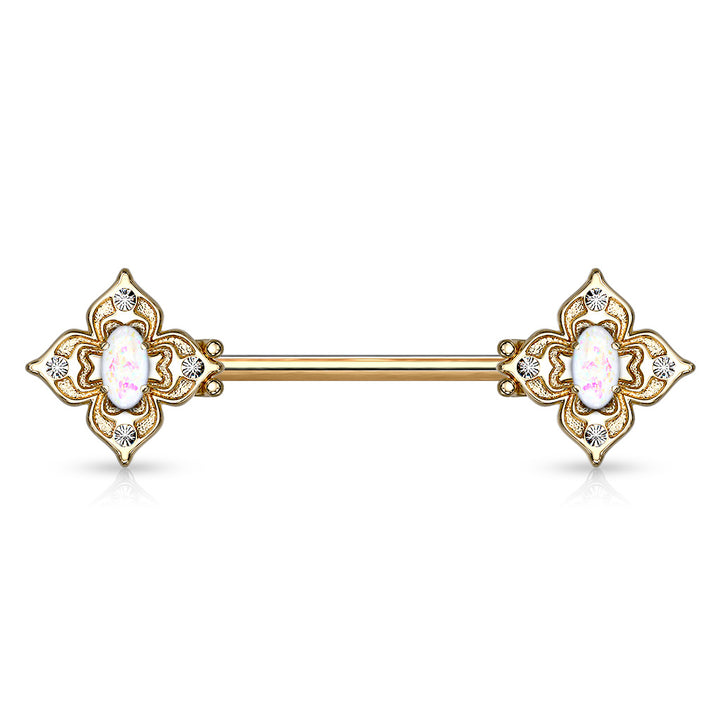 316L Surgical Steel Gold PVD 4 Petal Design White CZ & Opal Nipple Ring Straight Barbell - Pierced Universe