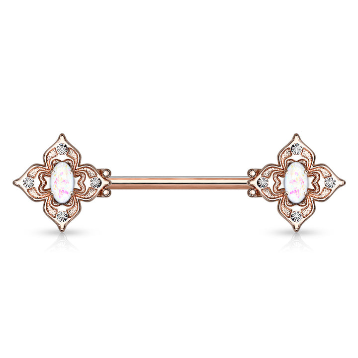 316L Surgical Steel Rose Gold PVD 4 Petal Design White CZ & Opal Nipple Ring Straight Barbell - Pierced Universe