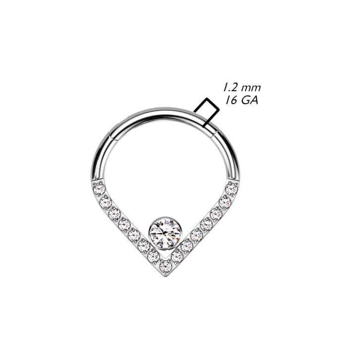 Implant Grade Titanium V Chevron with Single White CZ Hinged Clicker Hoop - Pierced Universe