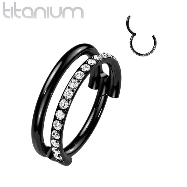 Implant Grade Titanium Black PVD Double Hoop White CZ Pave Hinged Clicker - Pierced Universe