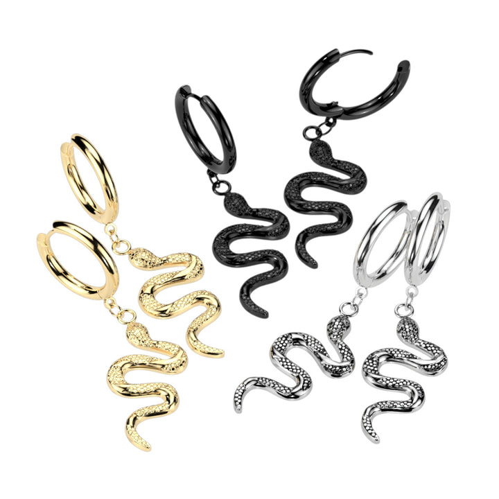 Pair of 316L Surgical Steel Slithering Snake Dangle Hoop Earrings - Pierced Universe