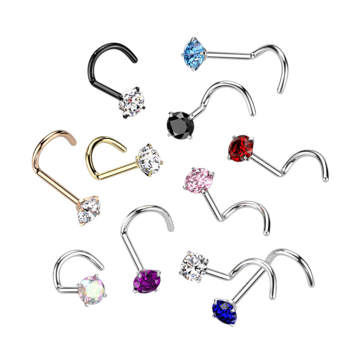 Implant Grade Titanium Black PVD Corkscrew Nose Ring Stud White CZ Gem - Pierced Universe