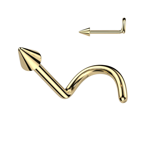 Implant Grade Titanium Gold PVD Small Spike Corkscrew Nose Stud - Pierced Universe