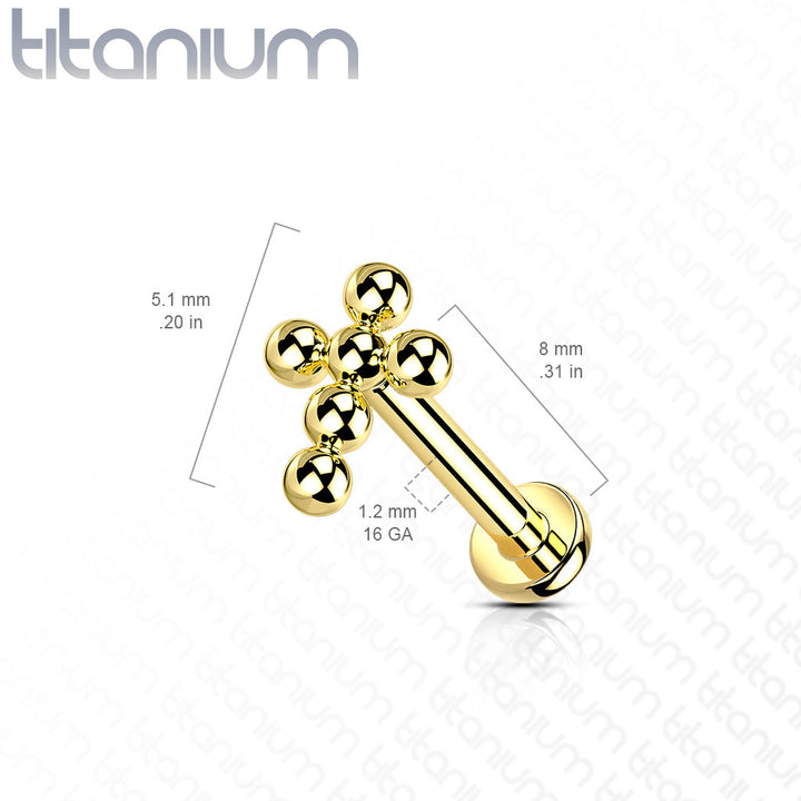 Implant Grade Titanium Gold PVD Beaded Dainty Cross Internally Threaded Labret - Pierced Universe