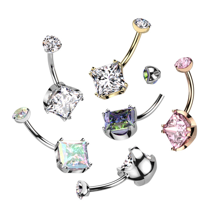 Implant Grade Titanium Aurora Borealis CZ Simple Square Gem Belly Ring - Pierced Universe